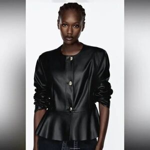 Zara Womens Moto Jacket M Black Faux Leather Peplum Ruffle 3046/181 NWT